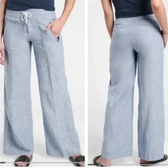 Athleta Women's Cabo 100% Linen Wide Leg Pant Size 14 Blue - Picture 2 of 5